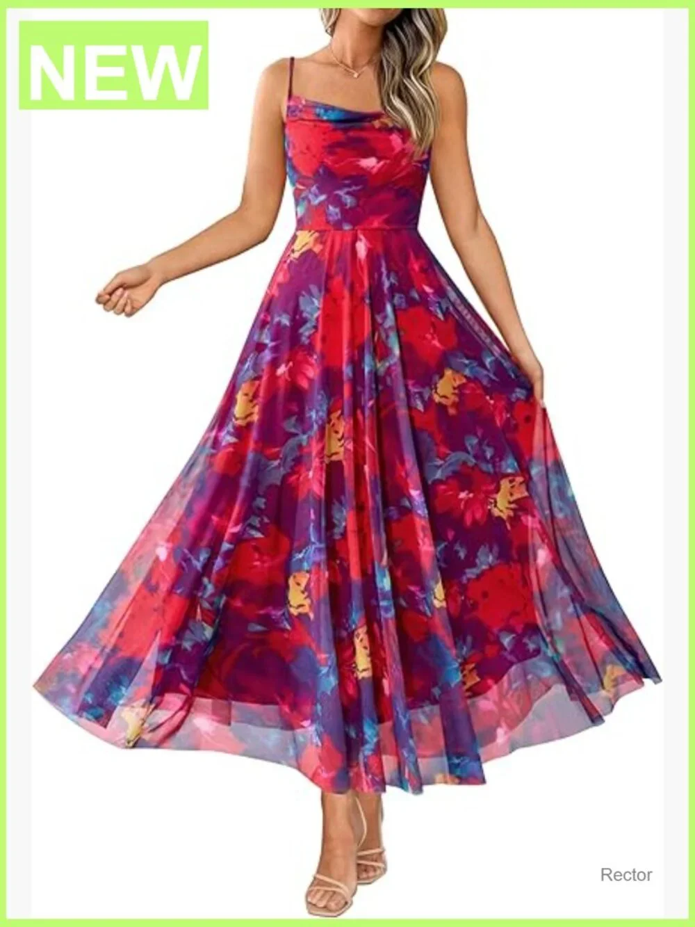Elegant Floral Maxi Dress Spaghetti Strap Cowl Neck A-Line Summer Party - Picture 1 of 7